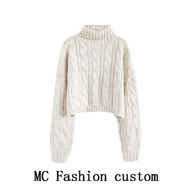 Turtleneck Pullover Short Cable knit Sweater Women Beige - Shop at LoveMi