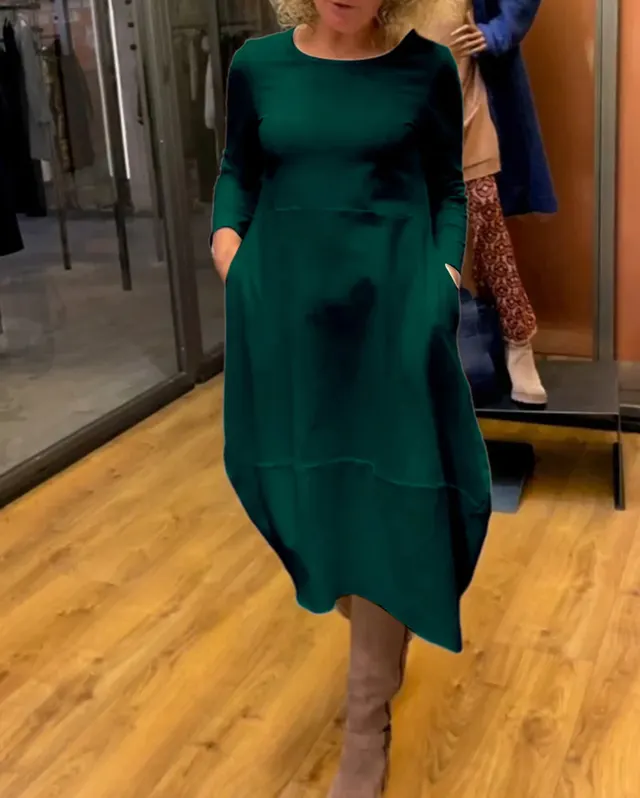 Autumn And Winter Wild Solid Color Round neck Long sleeved Dress Women's Clothing Green - Shop at LoveMi