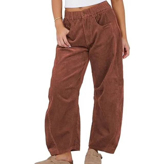 European And American Solid Color Corduroy Loose Straight Trousers Women Reddish Brown - Shop at LoveMi