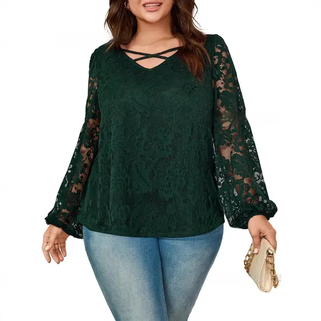 European And American Loose Lace Top Cross V neck Solid Color Top Dark Green - Shop at LoveMi