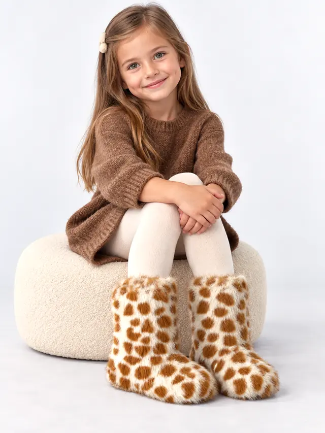 Girls' Brown Leopard Plush Winter Boots Brown - Shop at LoveMi