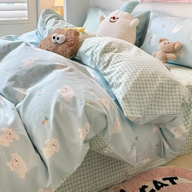 Four piece Bed Set Pure Cotton Student Dormitory Duvet Cover Sheets Blue Background Puppy - Shop at LoveMi