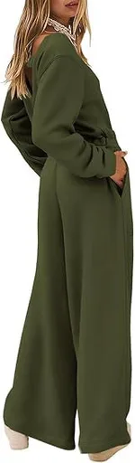 European And American Fashion Sports And Leisure Long Sleeve Solid Color Backless Sweater Jumpsuit Suit Women - Army Green