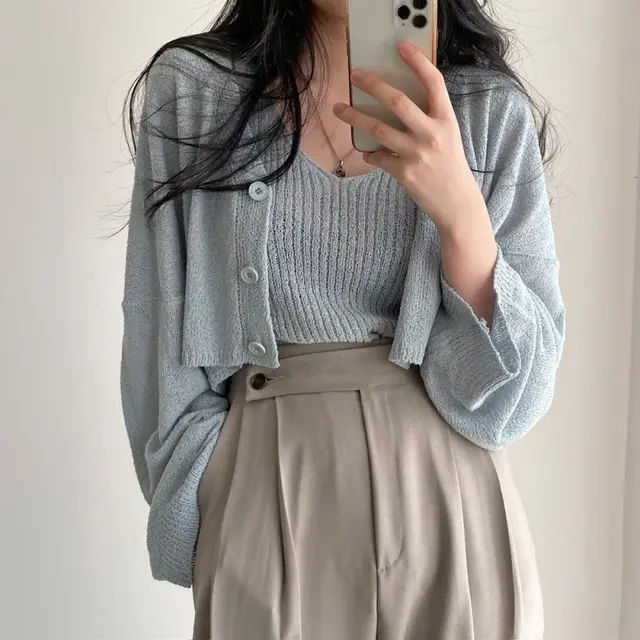 Two piece Sling Fashion Suit Women Blue Cardigan - Shop at LoveMi