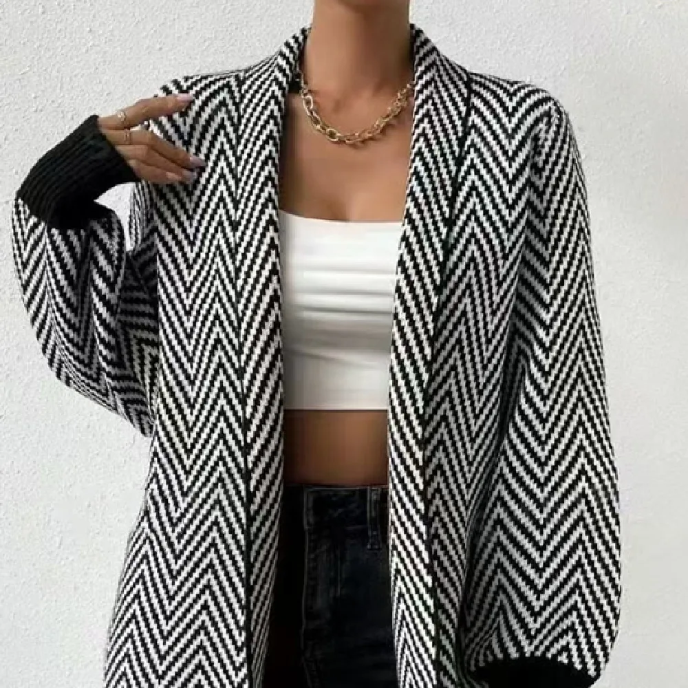 Striped Contrast Color Brocade Sweater Coat For Women Black - Shop at LoveMi