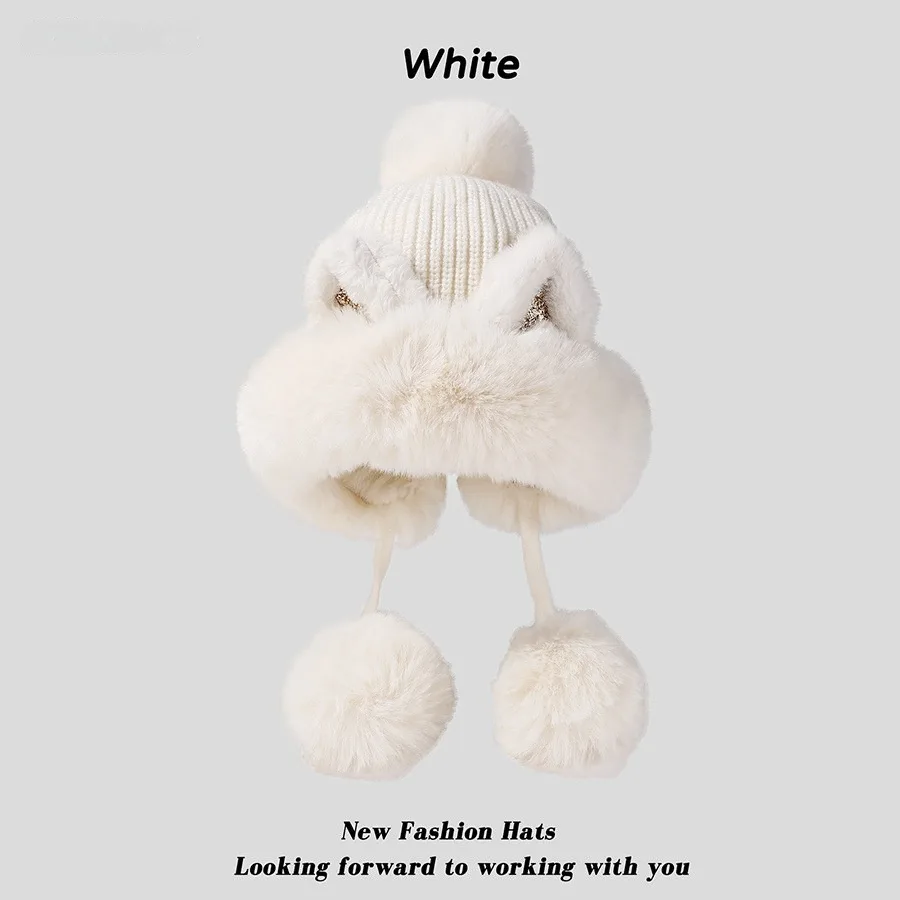 Winter Cute Cartoon Sequins Cat Ears Fleece lined Thickened Warm Beanie White - Shop at LoveMi