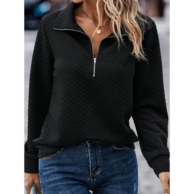 Solid Color Simple Diamond Lattice Turtleneck Zipper Sweater Black - Shop at LoveMi