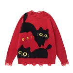 American Retro Plush Cat Ripped Tassel Design Sweater - Red
