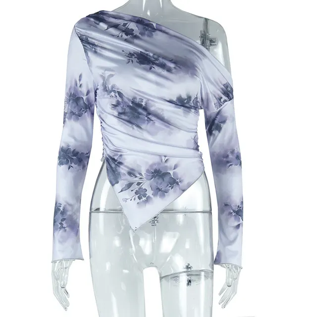 Tie dye Irregular Pattern Print Off shoulder Long Sleeve Diagonal Collar Women's Clothing Silver Gray - Shop at LoveMi