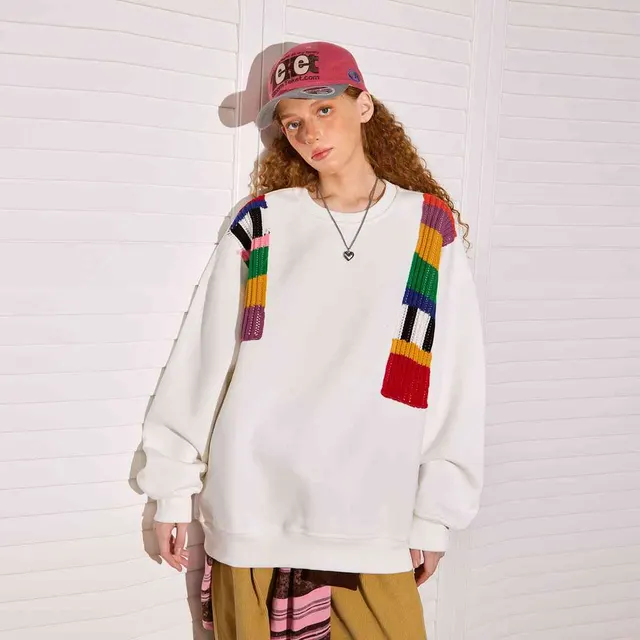 Niche Design Rainbow Wool Patchwork Sweater Women White - Shop at LoveMi