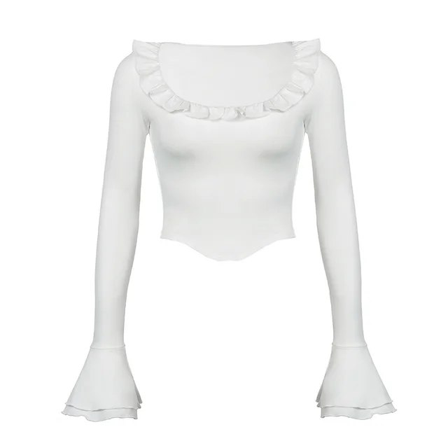 Tree Fungus like Lacework Round Neck Long Sleeve Flared Sleeves Top White - Shop at LoveMi