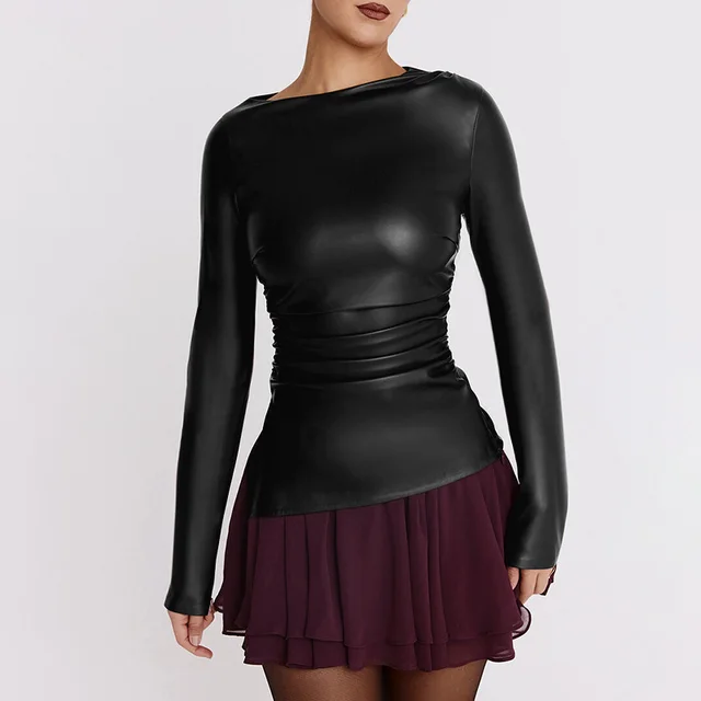 Women's Pleated Long sleeved Leather Top Black - Shop at LoveMi