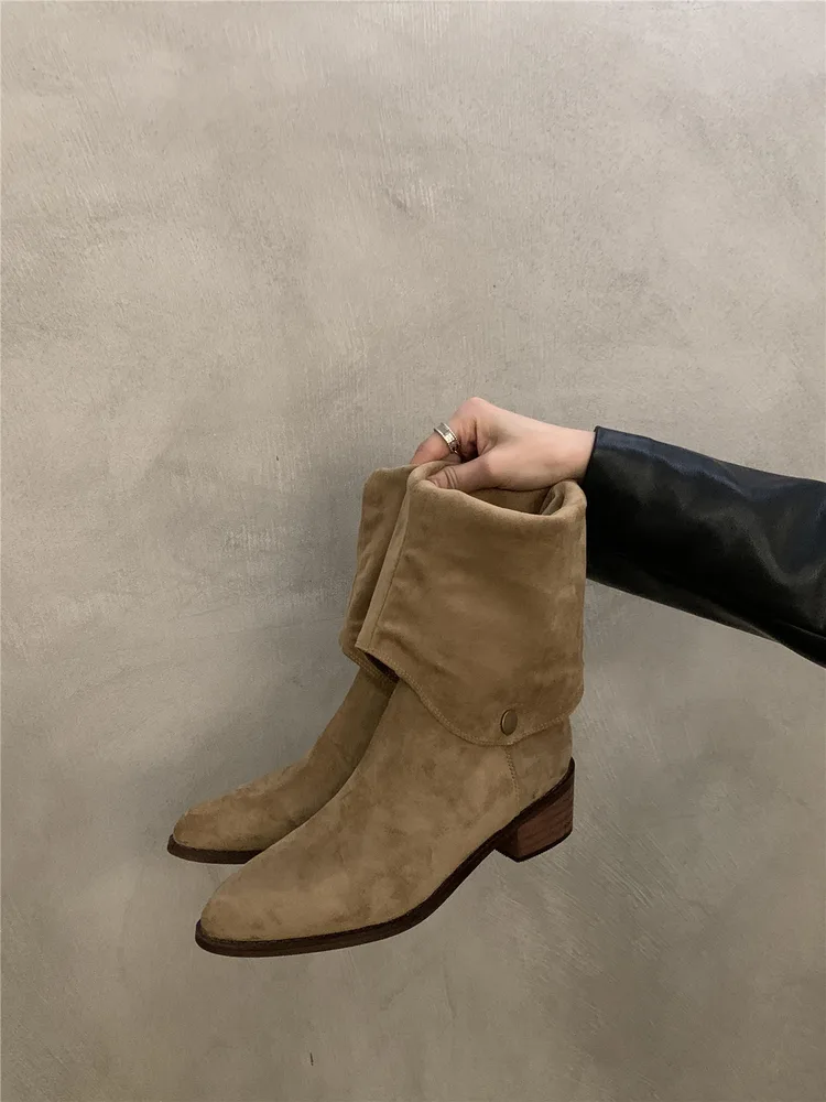 Women's Western Denim Long Biker Boots - Khaki