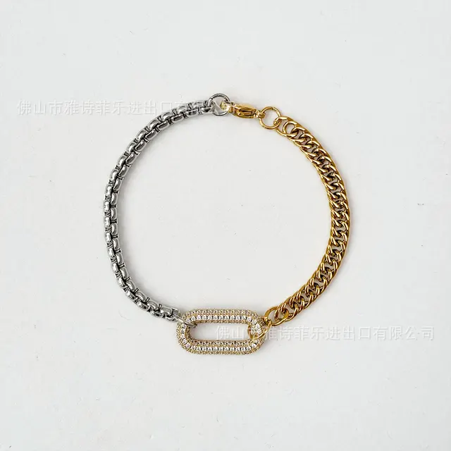 Retro Trendy Dual color Patchwork Zircon Micro inlaid Double sided Full Diamond Titanium Steel Bracelet Gold - Shop at LoveMi