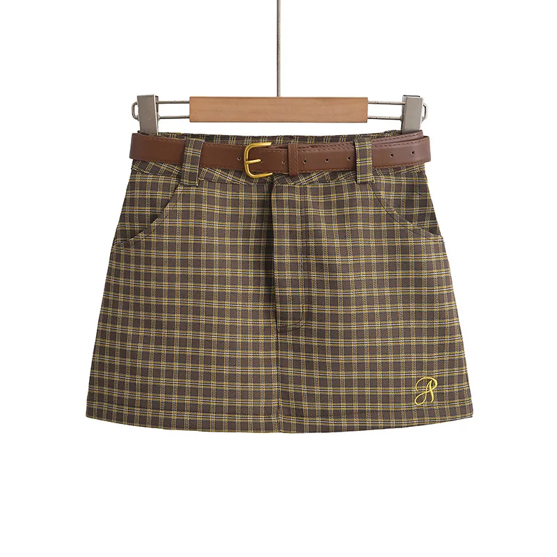 American Style Retro College Style Plaid Summer New Low Waist Hip wrapped A Line Skirt Khaki - Shop at LoveMi
