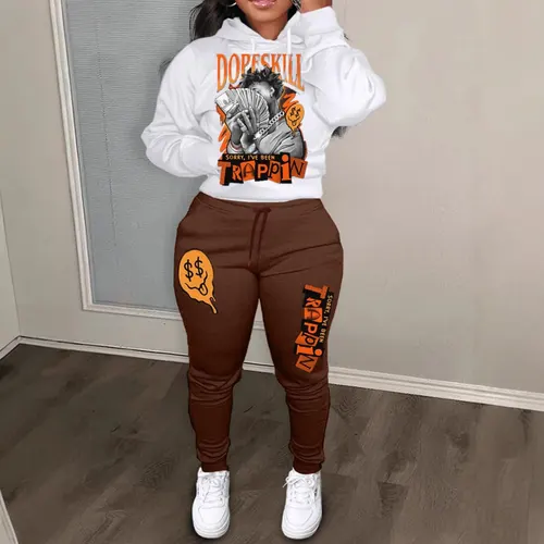 Autumn And Winter Letter Printing Color Block Hooded Sweatshirt Suit Brown - Shop at LoveMi