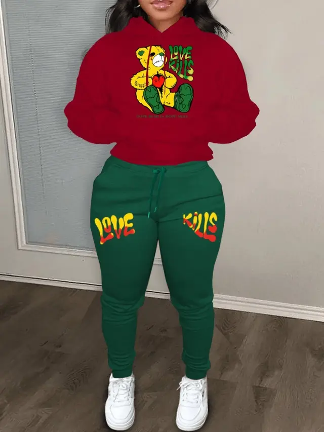 Autumn And Winter Letter Printing Color Block Hooded Sweatshirt Suit Red Green - Shop at LoveMi