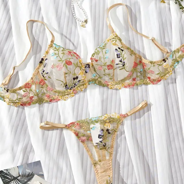 Embroidered Floral Sling Underwear Set Apricot - Shop at LoveMi