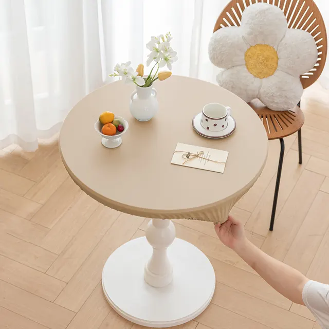 Stretch Household Dining Table Leather Washable Round Table Cover Simple Solid Color Cheese Cream - Shop at LoveMi