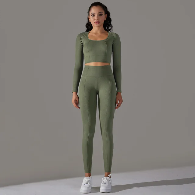 Knitted Polka Dot Jacquard High Elastic Tight Breathable Yoga Clothes Suit Army Green - Shop at LoveMi