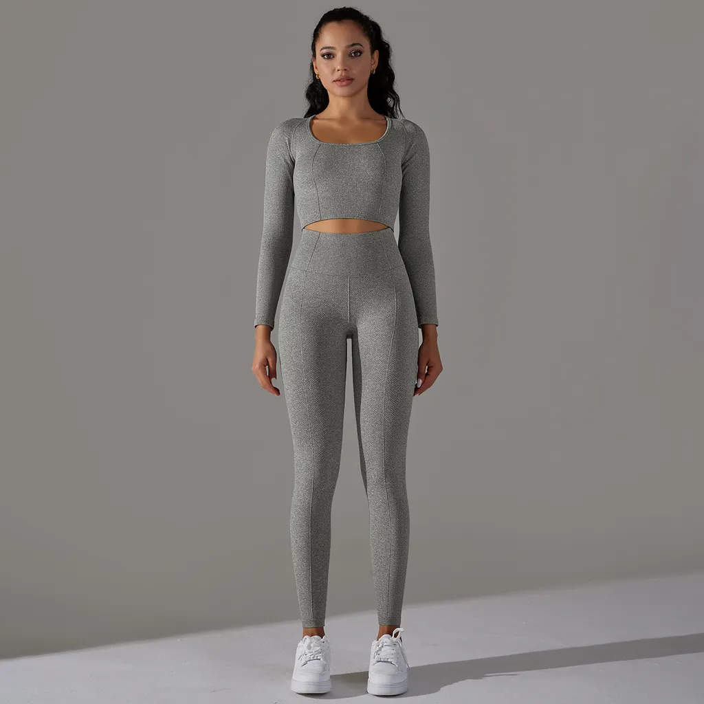 Knitted Polka Dot Jacquard High Elastic Tight Breathable Yoga Clothes Suit - Gray