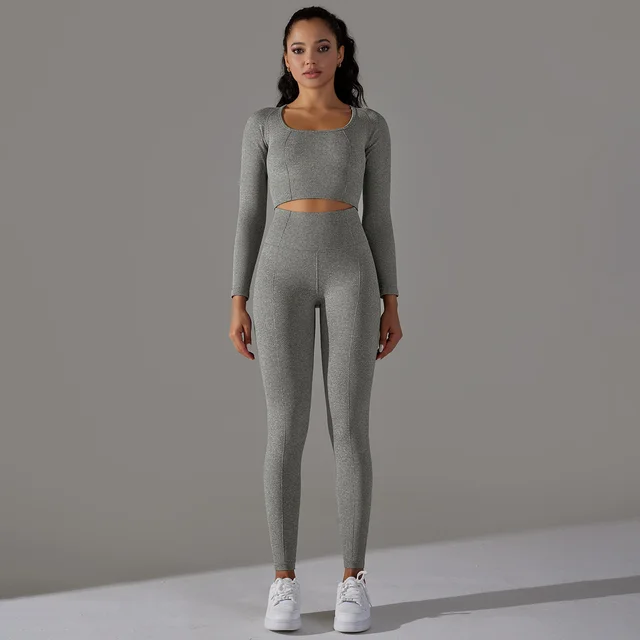 Knitted Polka Dot Jacquard High Elastic Tight Breathable Yoga Clothes Suit Gray - Shop at LoveMi