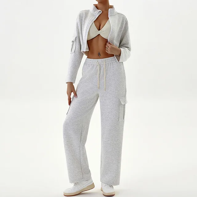 Women's Autumn And Winter Work Clothes Leisure Sports Suit Flower Gray - Shop at LoveMi