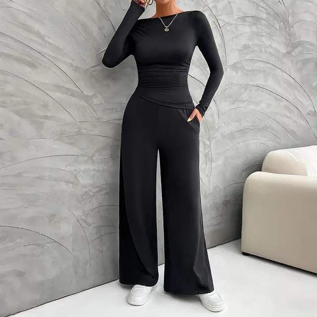 Women's Clothing Fashionable Fitted Long Sleeve Top Suit Black - Shop at LoveMi