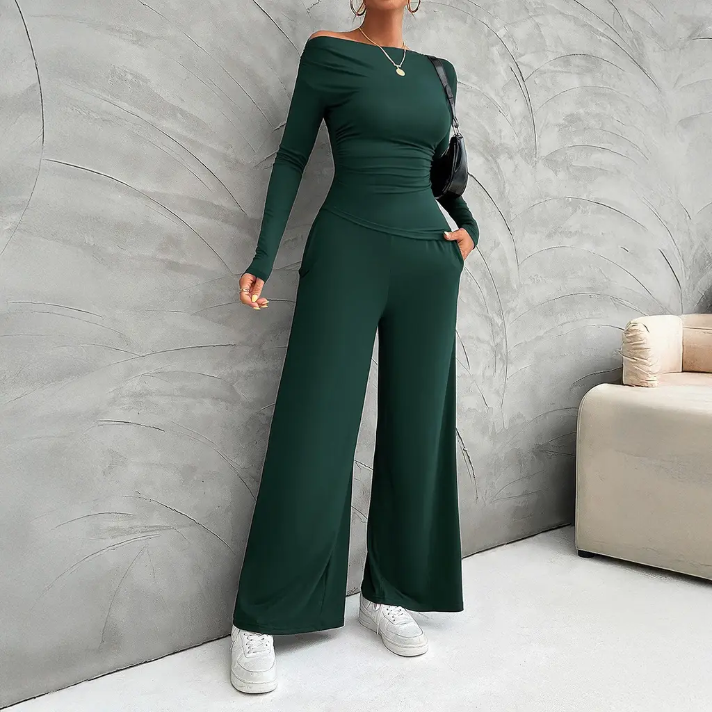 Women's Clothing Fashionable Fitted Long Sleeve Top Suit - Dark Green