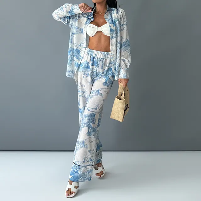 Women's Printed Shirt Long sleeved Wide leg Pants Blue Printing - Shop at LoveMi