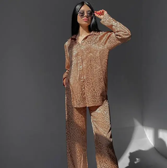 Leopard Print Lace up Loose Long sleeved Trousers Pajamas Two piece Set Brown - Shop at LoveMi