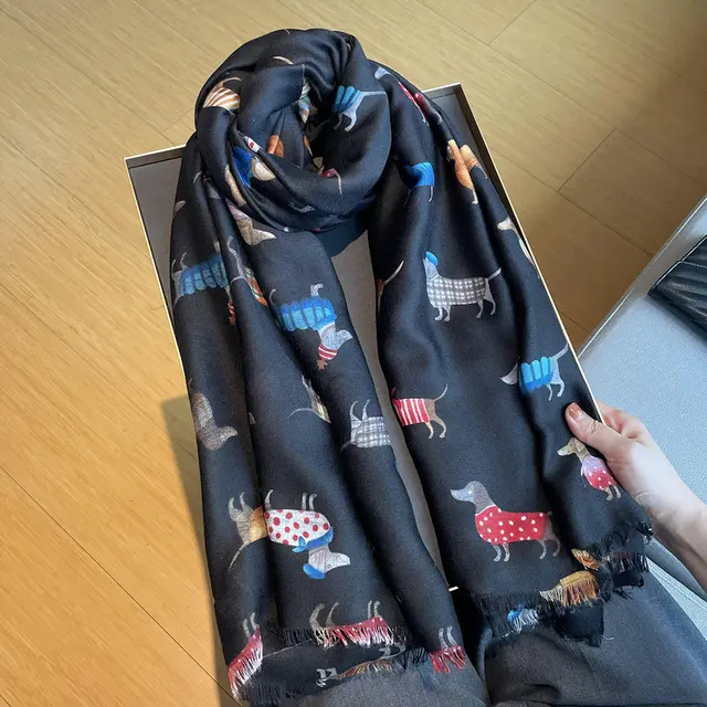 Women's Artistic Travel Shawl Dog Pattern Warm Long Scarf Black - Shop at LoveMi