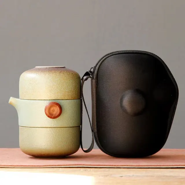 Travel Kung Fu Tea Set Handbag Ceramic Personal Teapot Pottery Green - Shop at LoveMi