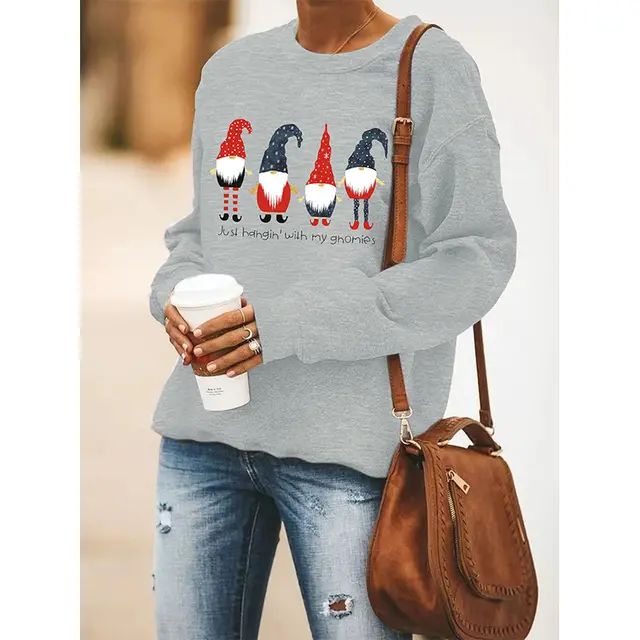 Women's Round Neck Long Sleeve Sweater Christmas Gray 3 - Shop at LoveMi