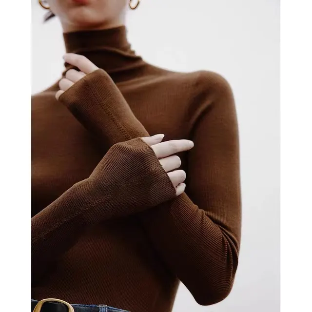 French Style Black Pile Collar Turtleneck Wool Sweater Brown - Shop at LoveMi