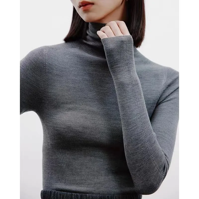French Style Black Pile Collar Turtleneck Wool Sweater Flower Gray - Shop at LoveMi