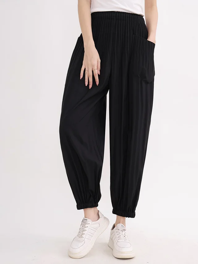 Pleated Overalls Women's Casual Versatile Design Sense Elastic Waistband Slimming Harem Skinny Pants Black - Shop at LoveMi