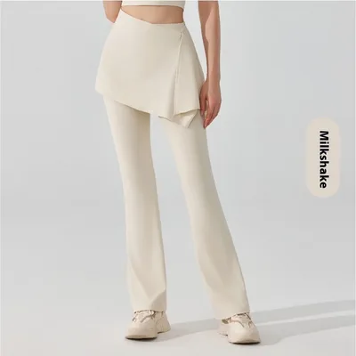 Nude Feel Detachable Two piece High Waist Thigh length Skirt Sports Bell bottom Pants Nude - Shop at LoveMi