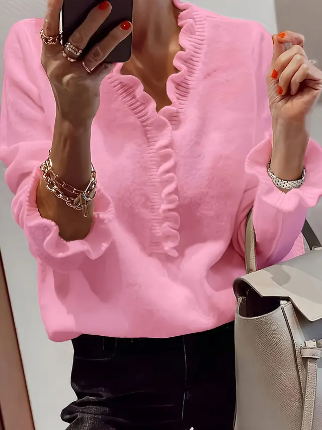 Winter V neck Ruffled Knitted Sweater Fashion Pullover Long sleeved Tops For Women Pink - Shop at LoveMi