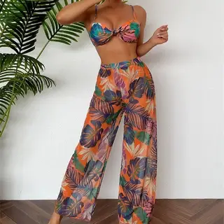 Women's Buckle Tube Top Split Swimsuit Suit - Orange Flower - View 1