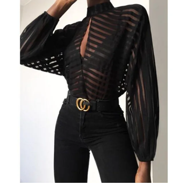 Autumn New Women's Striped Stand collar Hollow out Top Black - Shop at LoveMi