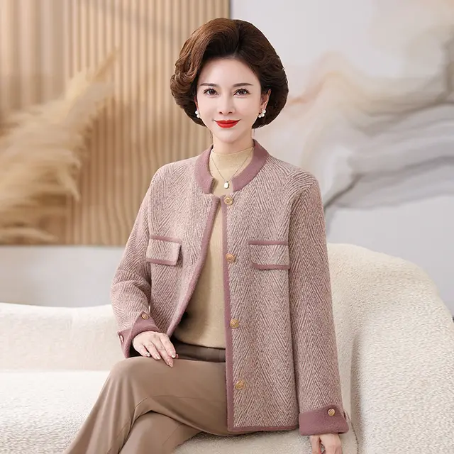 Middle aged And Elderly Knitted Sweater Cardigan Coat Pink - Shop at LoveMi