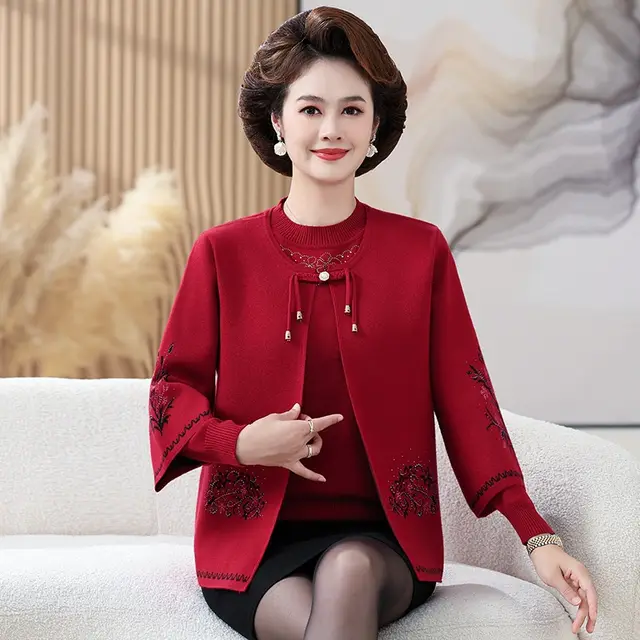 Mom's New Ethnic Style Knitted Coat Middle aged And Elderly Two piece Suit Wine Red - Shop at LoveMi