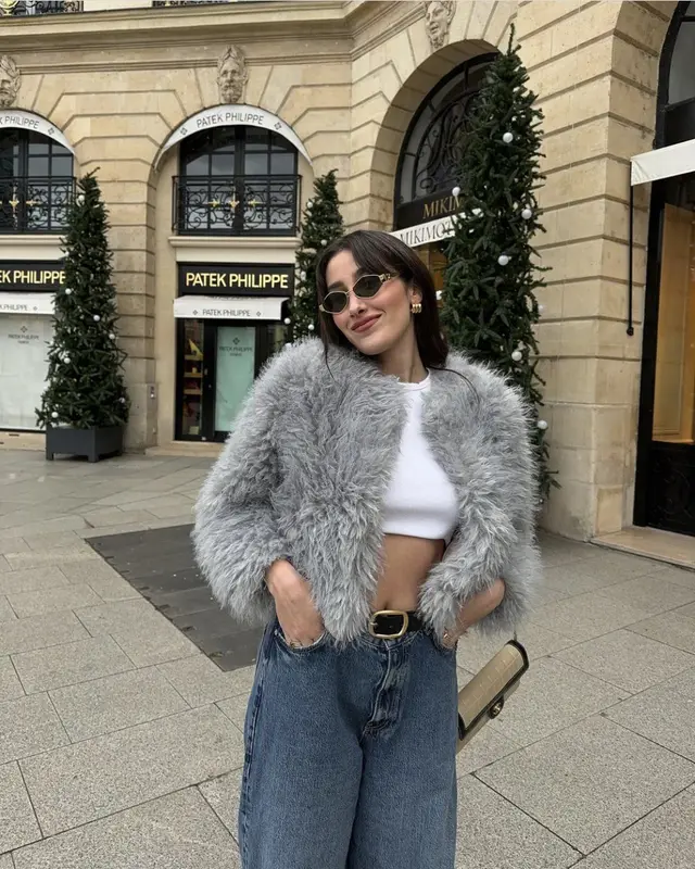 Wool Light Gray Round Neck French Artificial Fur Short Coat Gray - Shop at LoveMi