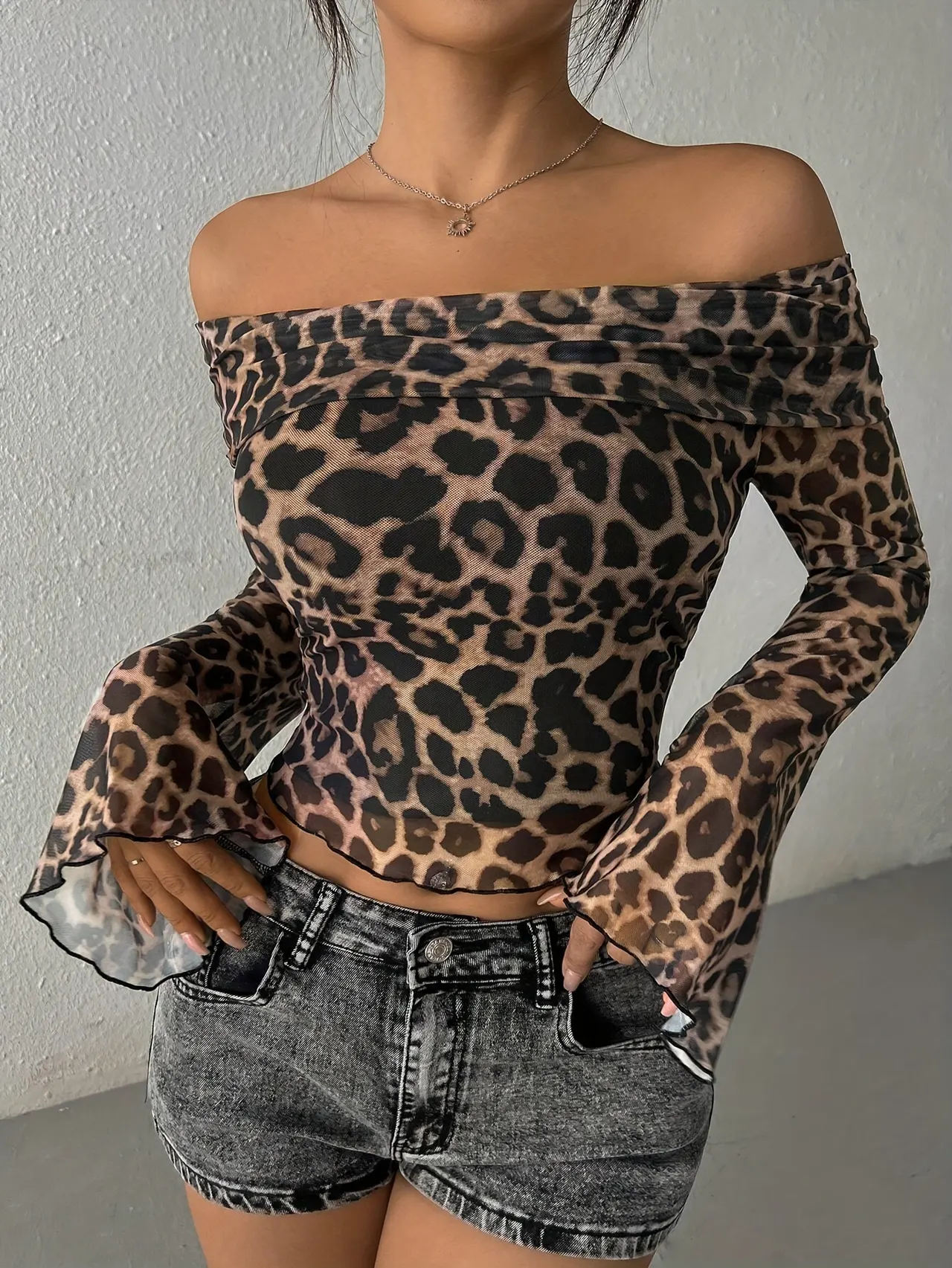 Off-shoulder Long Sleeve Leopard Print Top - Mixed Color