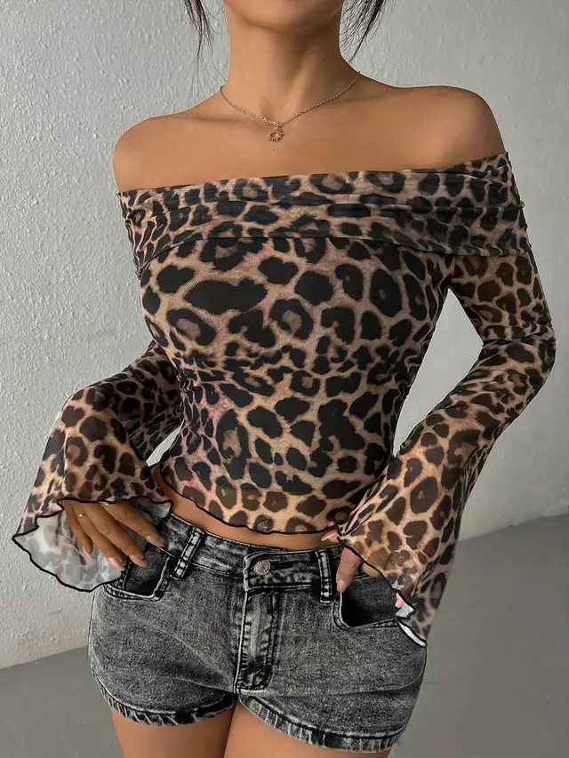 Off shoulder Long Sleeve Leopard Print Top Mixed Color - Shop at LoveMi