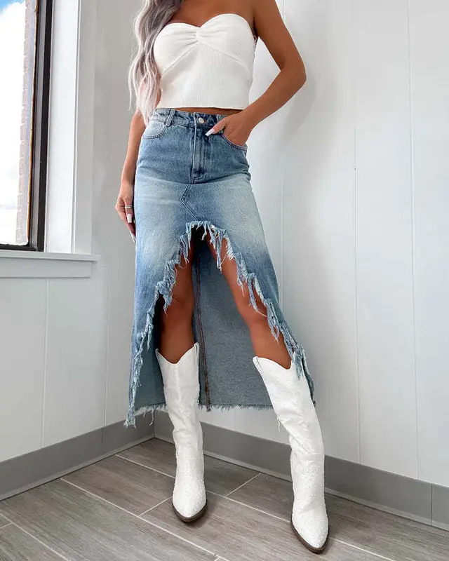 Denim High Waist Irregular Raw Hem Worn Looking Washed out Skirt Blue - Shop at LoveMi
