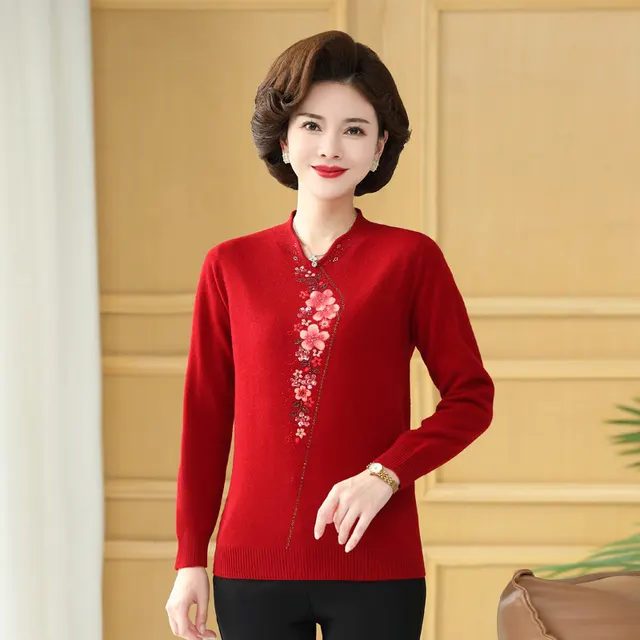Pure Wool Sweater Jacquard Wool Sweater Wine Red - Shop at LoveMi