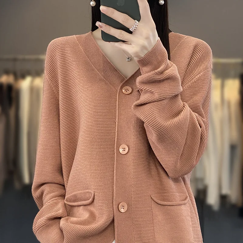 V-neck Solid Color Double Pocket Buckle 100 Cotton Thread Long Sleeve Lazy And Loose Casual Spring Knitted Cardigan For Women - Pink