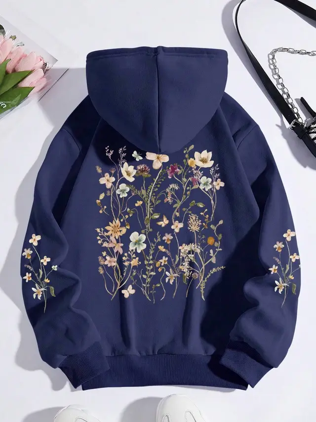 Women's Colorful Flower Print Sweatshirt Sweater Navy Blue - Shop at LoveMi